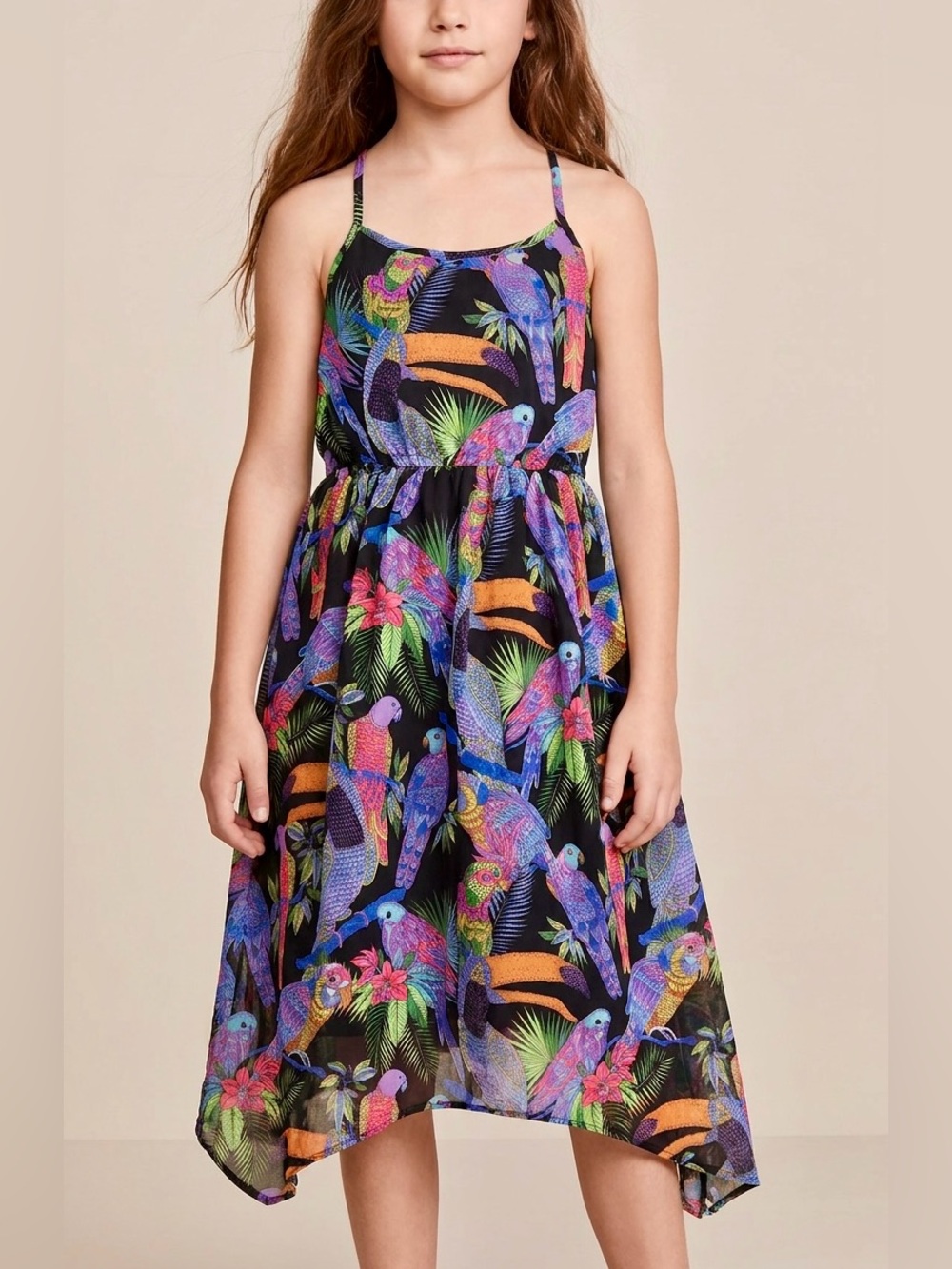 The Children’s Place Tropical Bird Print Dress Girls M 7/8 Parrot Midi Dress